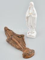 Porcelán Szűz Mária szobor, kopott, jelzés nélkül, m: 15 cm, Fali műgyanta Mária szobor, m: 20 cm