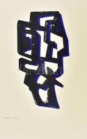 Frank Magda (1914-1997): Fekete-kék kompozíció. Szitanyomat, papír, jelzett. 33×18 cm / Magda Frank (1914-1997): Black-blue composition. Screenprint on paper, signed. 33×18 cm.