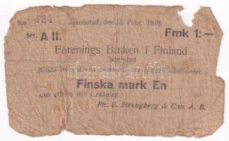 Finnország / Jakobstad 1918. 1M szükségpénz A II. 434-es sorszámmal T:G anyaghiány Finland / Jakobstad 1918. 1 Mark WWI emergency issue with A II. 434 serial number C:G material error
