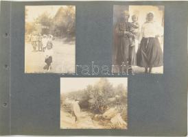 1913 Pécel és Isaszeg környéki felvételek, gyerekek és asszonyok népviseletben, porták, tájak össz. 14 db albumlapra ragasztott, feliratozott fotó, 8x11 cm körüli méretekben,