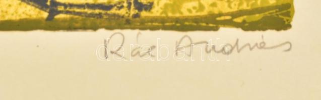 Rác András (1926-2013): Hegyek között. Színes linómetszet, papír, jelzett, 25×34 cm