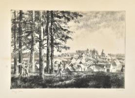 Görög Rezső (1930-): Hegyi falu. Rézkarc, papír, jelzett, lap széle kissé foltos, 30×40 cm