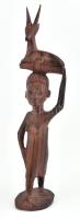 Afrikai törzsi szobor, nő zergével, faragott egzótafa, m: 25 cm