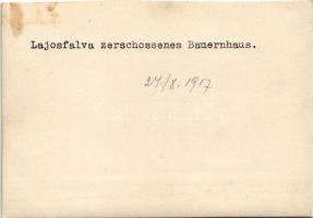 1917 Carlibaba, Kirlibaba, Radnalajosfalva (Bukovina, Bucovina); Lajosfalva zerschossenes Bauerhaus ...