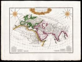 Monde connu des anciens au siecle de Ptolémée, az ókori görögök által ismert világ térképe, Conrad Malte-Brun 1831-ben megjelent Atlas Complet du Precis de la Geographie Universelle c. atlaszából, határszínezett rézmetszet, papír, jelzett a metszeten, 25×35 cm