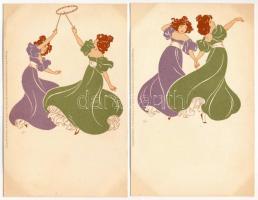 6 db régi szecessziós művészlap hölgyekkel kiváló minőségben / 6 pre-1945 art postcards, ladies play...