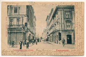 1902 Temesvár, Timisoara; Takarékpénztár utca, kerékpár, Probst Adolf üzlete. J. Raschka kiadása / street view, bicycle, shops