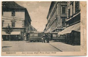 1910 Temesvár, Timisoara; Jenő herceg utca, villamos, Dr. Schwenk Anton fogorvosi rendelője, Uhrmann Henrik üzlete / Prinz Eugen Gasse / street view, tram, dentists office, shops (r)