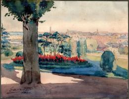 Garzó Bertalan (1882-1959): Virágzó park, 1920. Akvarell, papír, jelzett, kartonra kasírozva, 23×30 cm