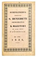 Schematizmus ordinis S. Benedicti Archiabbatiae S. Martini de Sacro Monte Pannoniae Pro Anno 1836. A Pannonhalmi Szent Benedek rend sematizmusa, benne pl Jedlik Ányos. 55p. Kiadói papírkötésben. 55 p. Szép á llapotban