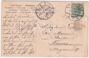 1908 Saint Nicholas Day, Christmas greeting art postcard, shoe filled with sweets and birch. Emb. li...