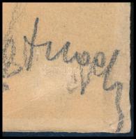 Olvashatatlan jelzéssel: Katona portréja. Ceruza, papír, lapszéli kisebb szakadással, 21,5×15 cm