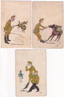 3 db RÉGI magyar katonai humoros képeslap, Pálffy szignóval / 3 pre-1945 Hungarian military humour art postcards, signed by Pálffy