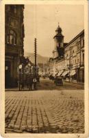 Brassó, Kronstadt, Brasov; Kolostor utca, templom, üzletek, Tulliu gyógyszertár / Klostergasse. Phot. Gustav Koch / street view with church and shops, pharmacy (EK)