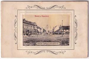 Gyergyószentmiklós, Gheorgheni; Piac tér. leporellólap 10 képpel, közte vasútállomás, Gyilkostó. Sándory Mihály kiadása / market square. leporellocard with 10 pictures, including railway station, Lacul Rosu (Ghilcos) lake. Art Nouveau + "KOLOZSVÁR - MADÉFALVA - BRASSÓ 246 B" vasúti mozgóposta bélyegző (EK)