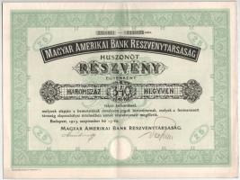 Budapest 1923. "Magyar Amerikai Bank Részvénytársaság" 25 részvénye egyenként 340K-ról, szelvényekkel és szárazpecséttel T:F