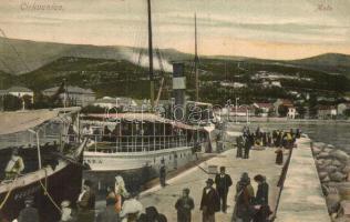 1907 Crikvenica, Cirkvenica; Velebit egycsavaros tengeri személyszállító gőzhajó a kikötőben / steam...