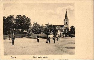 1913 Öskü, Római katolikus iskola, templom. Pósa Endre kiadása (EK)