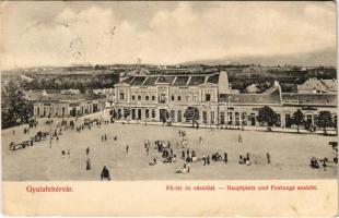 1906 Gyulafehérvár, Alba Iulia; Fő tér és vároldal, Hungaria szálloda, Takarékpénztár, piac, Adler és Herman, Fürst, Weisz Bernát üzlete és saját kiadása / Hauptplatz und Festungs ansicht / main square, castle side, hotel, savings bank, market, publishers shop (EK)