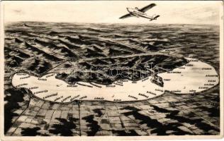 Balaton, látkép madártávlatból, hidroplán, térkép. Kalánczy kiadása (fa)