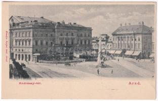 Arad, Andrássy tér, Színház, Múzeum, Színházi sörcsarnok és étterem, Nagy Lajos szállodája a Fehér kereszthez, kávéház, üzletek. Kerpel Izsó kiadása / theatre, museum, street view, beer hall, hotel and café, shops (vágott / cut)