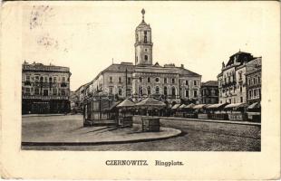 1918 Chernivtsi, Czernowitz, Cernauti, Csernyivci (Bukovina, Bukowina); Ringplatz / square, market, town hall, hotel, café & restaurant. Verlag Sigmund Jäger (EB)