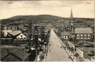 1907 Pécs, látkép, utca, templom, fatelep. Özv. Tausz Vilmosné kiadása (EK)