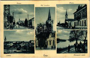 Csap, Cop, Chop; Fő utca, Református templom, Római katolikus templom, Tisza-part magyar katonákkal, kerékpár. Sebők Viktor fényképész kiadása / main street, Calvinist church, bicycle, Catholic church, riverbank with Hungarian soldiers