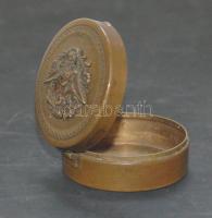 cca 1910 Korozone feliratos tubákos szelence rézből / Copper snuff-box d:4 cm
