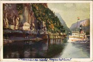 1924 Orsova, Kazán-szoros, Traján tábla. Művészlevelezőlap M.F.T.R. 6314-24. Klösz műintézet / Kasanpartie, Trajan-Tafel / Cazane, Tabula Traiana / gorge, monument (szakadás / tear)