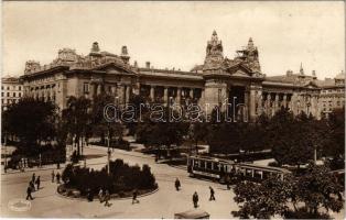 Budapest V. Szabadság tér, Tőzsdepalota, villamos öröklakás reklámmal. Csiky Foto