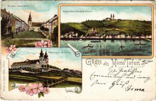 1901 Maria Taferl, Marbach a. d. Donau mit Maria-Taferl, Strasse, Bussweg mit der Kirche / pilgrimage church, street view. Verlag Gregor Fischer. Art Nouveau, floral, litho (EM)