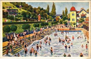 Budapest III. Csillaghegyi Árpád fürdő, strand, park, sétány, szálloda és étterem, hátoldalon reklám. Löbl D. és fia kiadása (EK)