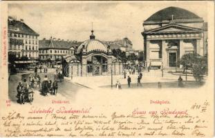 1898 (Vorläufer) Budapest V. Deák tér, Kiosk, Aszódi S. és társa, Kereskedők és Iparosok Banktársasága, Bretschneider Zsigmond és Glanzdorf Péter üzlete. D. Halberstadt