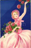 1937 Lady art postcard with flowers. M. & B. Nr. 216. (EK)