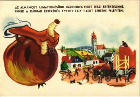 Az almamoly almatermésünk háromnegyedét teszi értéktelenné. Ennek a kárnak értékéből évente egy falut lehetne felépíteni. Mezőgazdasági propaganda / Hungarian agricultural propaganda, apple moth extermination (EK)