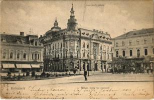 1904 Kolozsvár, Cluj; Mátyás király tér, New York palota, Tauffer Dezső, Schuster Emil üzlete / palace, square, shops + BRASSÓ - BUDAPEST 40. SZ. vasúti mozgóposta bélyegző (fa)