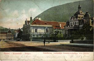 1904 Brassó, Kronstadt, Brasov; Rudolfsring, Justizpalais, Gewerbevereinshaus, Villa Schuller / Rezső körút, Igazságügyi palota, Iparosegylet háza, Schuller villa / street view, Palace of Justice, House of Craftsmen Association, villa (szakadások / tears)