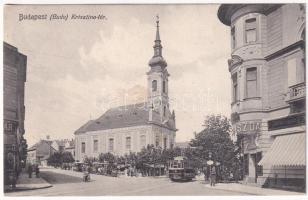 1914 Budapest I. Krisztina tér és templom, cukrászda, gyógyszertár, villamos. Stark Ferenc kiadása (fl)