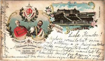 1898 (Vorläufer) Budapest, I. Ferencz József és II. Vilmos Őfelségeiknek Budapesten való tartózkodásuk emlékéül 1897. év szeptemberében, Királyi várlak, címer. Schwidernoch Károly műintézete. Art Nouveau, floral, litho (ragasztónyom / glue marks)