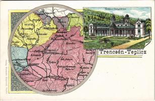 Trencsénteplic, Trencianske Teplice; Gyógyterem, fürdő, térkép. Wertheim Zsigmond kiadása / spa, bath, map. Art Nouveau, litho