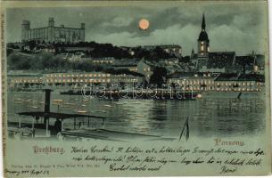 1899 (Vorläufer) Pozsony, Pressburg, Bratislava; látkép éjjel, vár, gőzhajó / general view at night, castle, steamship (vágott / cut)