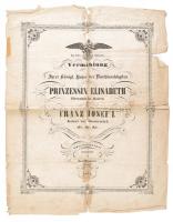 1854 I. Ferenc József és Erzsébet (Sisi) házassága alkalmából kiadott német ny. emléklap, sérült, erősen megviselt állapotban