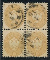 1864 15kr light brown block of 4 "PEST" Identification: Strakosch. (2 corner perfs. missing above), 1864 15kr világosbarna négyestömb "PEST" Azonosítás: Strakosch. (A felső 2 bélyeg felső sarokfoga hiányzik)