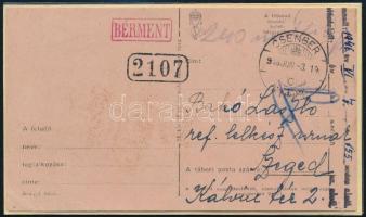 1946 (18. díjszabás) Levelezőlap készpénzes bérmentesítéssel Csengerről Szegedre