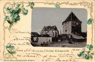 1900 Kolozsvár, Cluj; Református templom, Bethlen bástya. Gibbon Albert kiadása / Calvinist church, bastion tower. Art Nouveau, floral, litho (Rb)