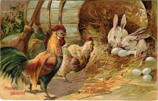 1907 Húsvéti üdvözlet! nyuszi tojás. litho / Easter litho greeting, rabbit eggs (ázott / wet damage)