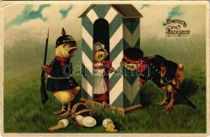 1910 Húsvéti üdvözlet! Csirke őrség . litho / Easter litho greeting, chicken guards (EK)