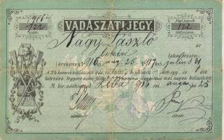 1916 Léva, vadászati jegy Nagy László lekéri (Felvidék) lakos részére kiállítva, hajtásnyommal