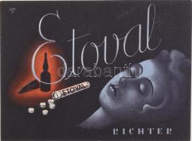 1950 Etoval, Richter Gedeon gyógyszergyár által gyártott tabletta reklámnyomtatványa, háború előtti art deco motívummal, szign. Kun S., szép állapotban